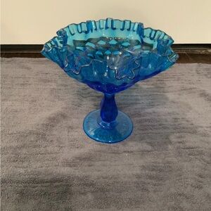FENTON Art Glass Ruffled Thumbprint Compote Pedestal Dish in Colonial Blue